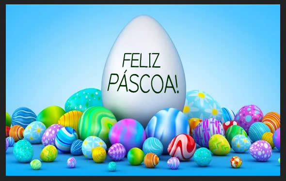 Imagem com muitos ovos de chocolate decorados e um ovo grande com as palavras Feliz Páscoa