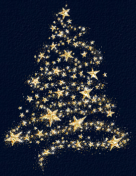 Imagem GIF animada com árvore de Natal e pequenas estrelas brilhantes