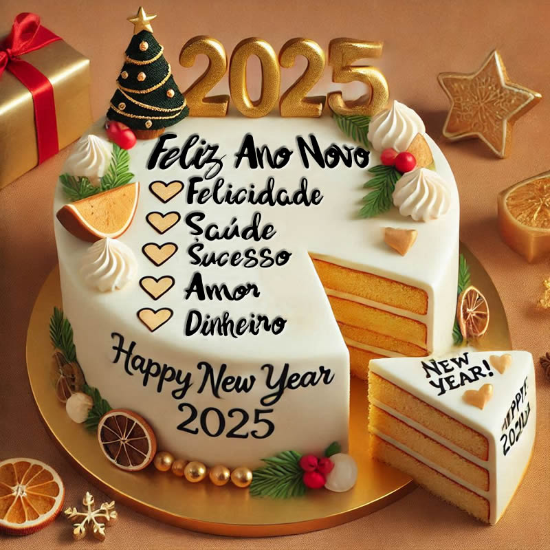 Bolo de ano novo com fatias de desejos para 2025