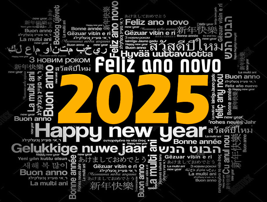 imagem com texto Feliz ano novo 2025 em muitos idiomas diferente