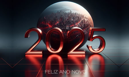 Imagem 3D de boas festas de fim de ano com 2024 em vermelho e com flashes de luz