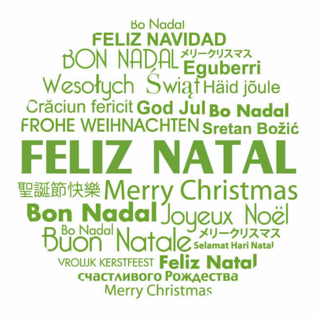 imagem com texto encerrado em um círculo de Feliz Natal traduzido em muitos idiomas diferentes