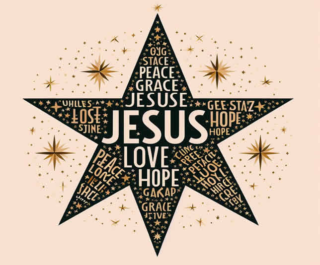 imagem de fundo azul com estrela formada por texto em inglês com Jesus no centro e depois paz, amor, alegria, esperança, graça