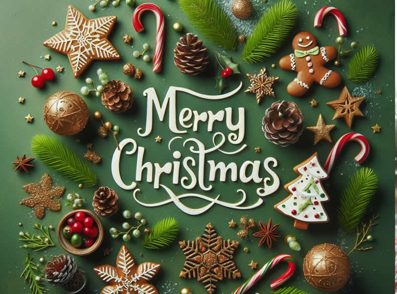 imagem com decorações de Natal Texto de saudações de feliz Natal em inglês
