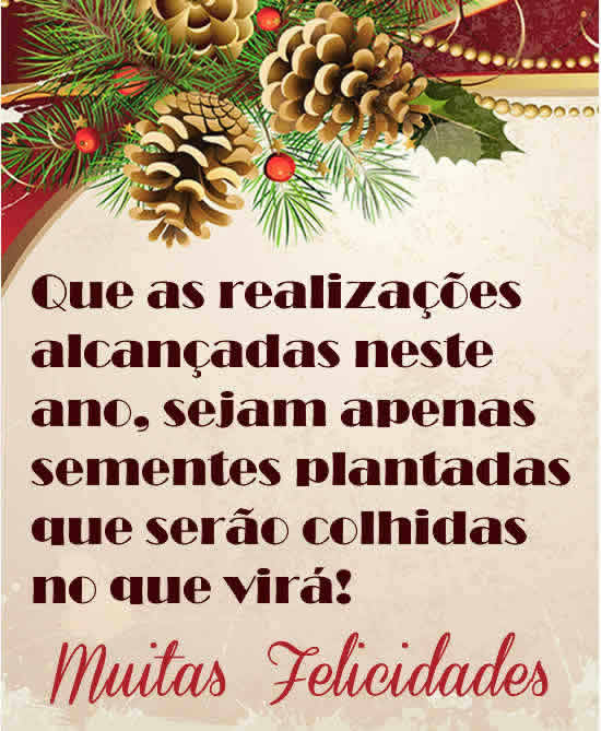 Imagem com decorações de Natal com pinhas e ramos de abeto com texto de Boas Festas