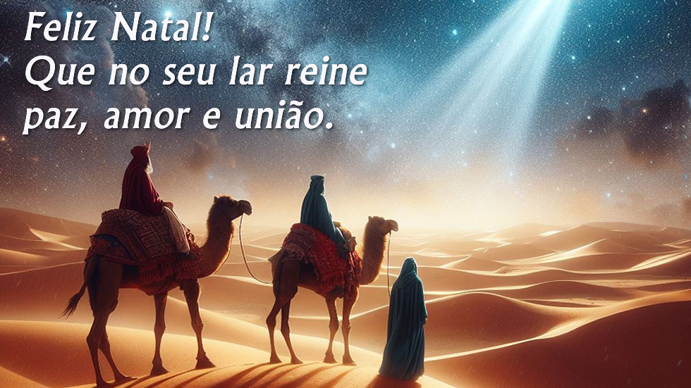 Imagem religiosa cristã com os Reis Magos seguindo o cometa com mensagem espiritual de bênção para um Feliz Natal e Próspero 2025