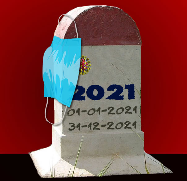 imagem com placa e inscrição 2023 com data de término 31-12-2023, com máscara de coronavírus pendurada