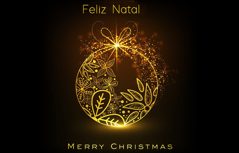 Imagem de uma bola de Natal brilhantemente decorada com Boas Festas em português e inglês